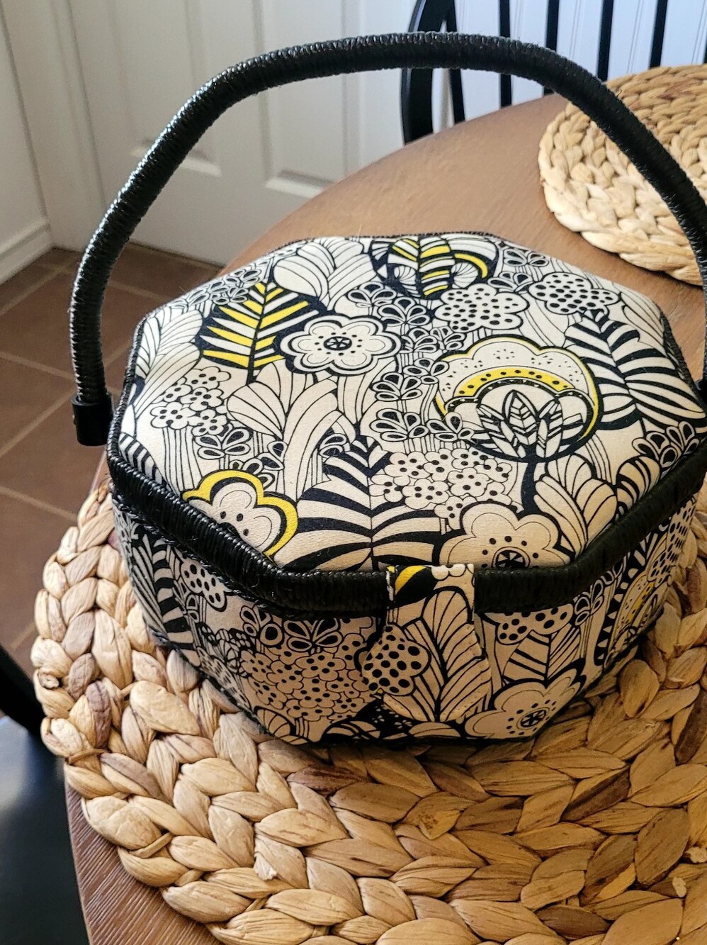 Floral Print Black & Yellow Octagonal Vintage Jewery Or Sewing Kit.